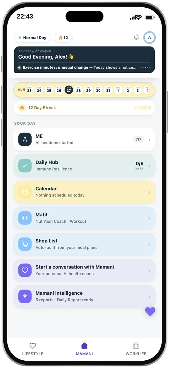 MAMANI daily home screen showing today's focus and daily hub